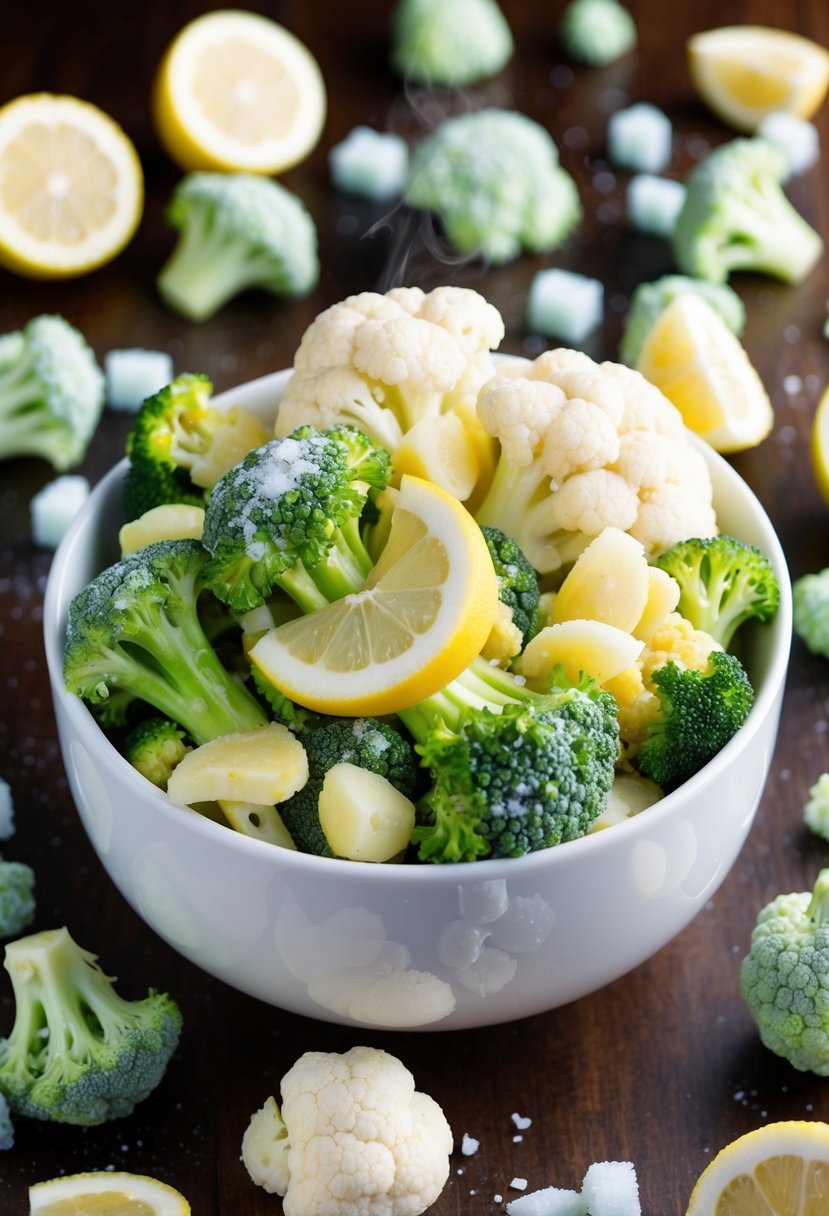 A steaming bowl of lemon parmesan broccoli and cauliflower surrounded by scattered frozen vegetables