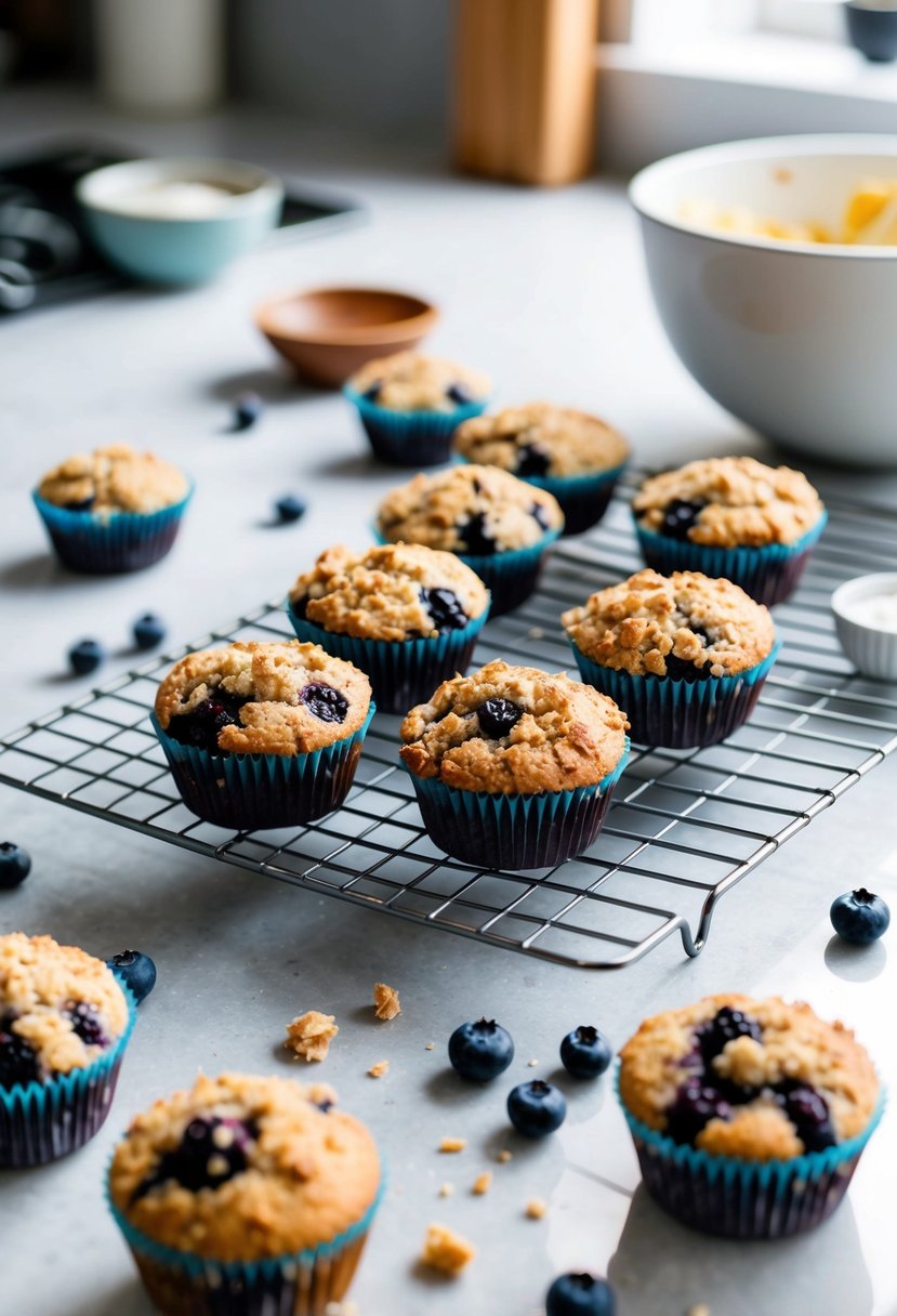 A kitchen counter with a cooling rack of freshly baked blueberry streusel muffins, surrounded by scattered ingredients and a mixing bowl