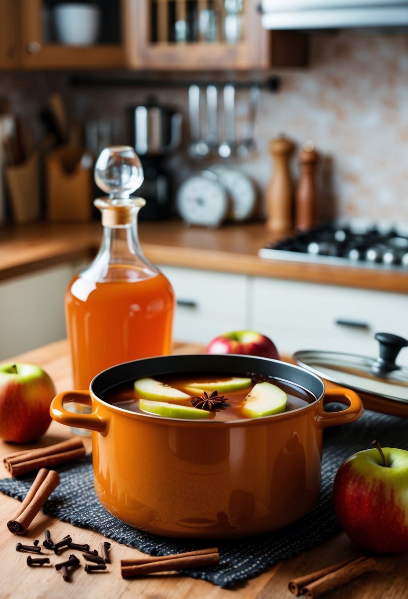 A cozy kitchen with a simmering pot of spiced apple cider liqueur surrounded by cinnamon sticks, cloves, and fresh apples