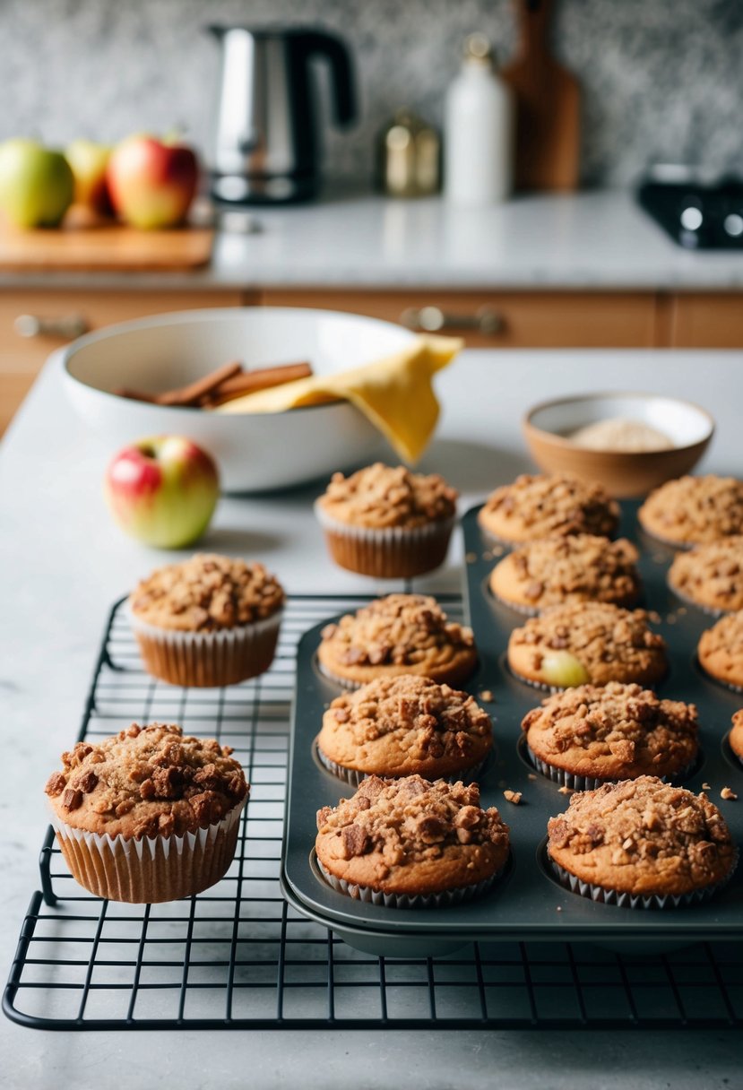 A kitchen counter with a tray of freshly baked cinnamon apple streusel muffins cooling next to a wire rack of ingredients