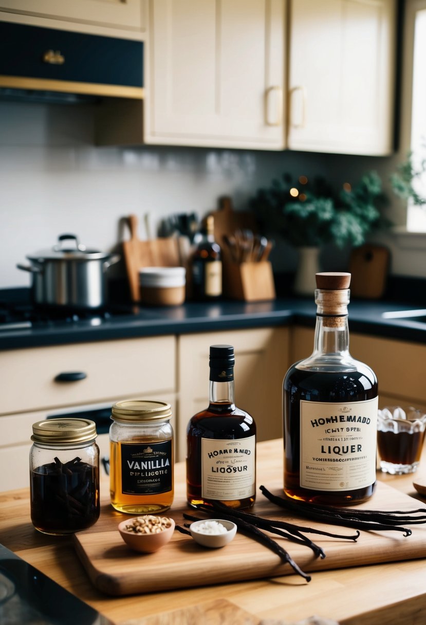 A cozy kitchen with jars of vanilla beans, brandy, and other ingredients laid out for homemade Christmas liqueur recipes