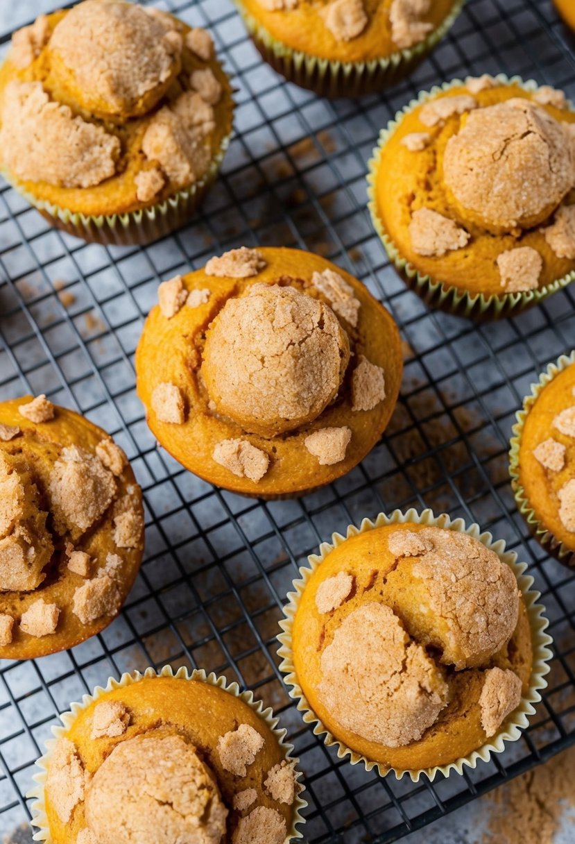 A fresh batch of Pumpkin Spice Streusel Muffins cooling on a wire rack, surrounded by scattered cinnamon and sugar