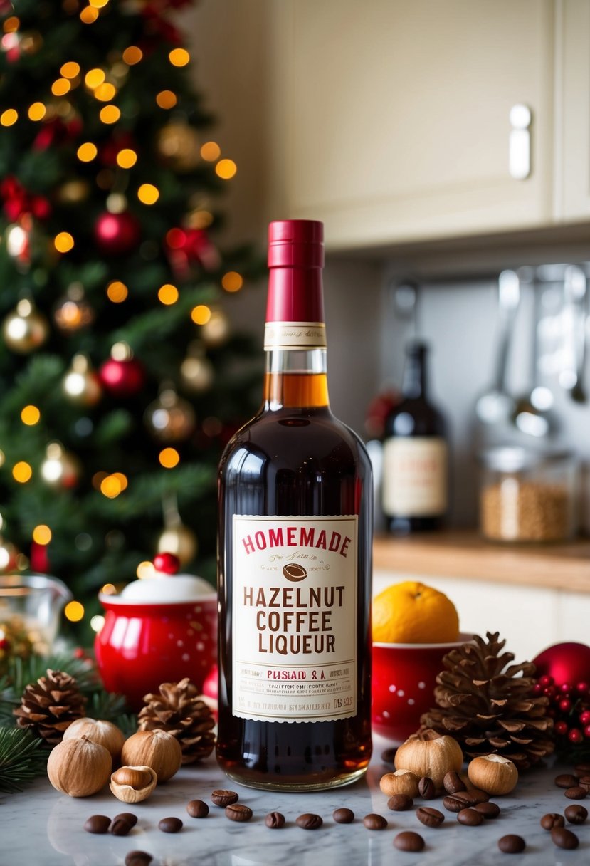 A cozy kitchen scene with a bottle of homemade hazelnut coffee liqueur surrounded by Christmas decorations and ingredients