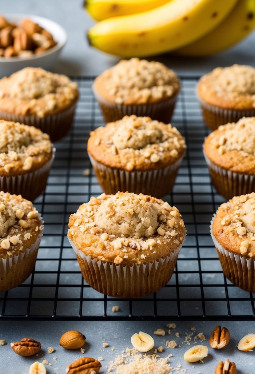 A table with freshly baked Banana Nut Streusel Muffins cooling on a wire rack, surrounded by scattered nuts and a sprinkle of streusel topping