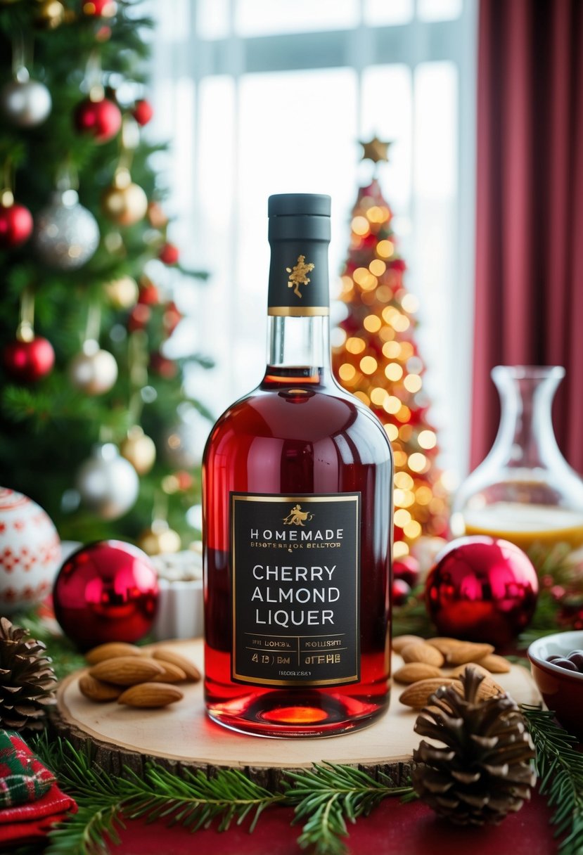 A festive holiday table with a bottle of homemade cherry almond liqueur surrounded by Christmas decorations and ingredients