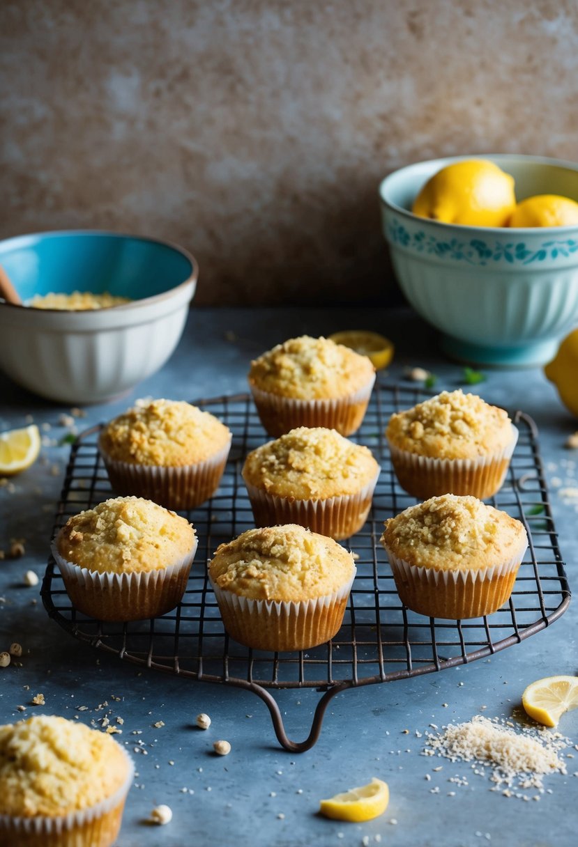 A rustic kitchen counter with freshly baked Lemon Poppy Seed Streusel Muffins cooling on a wire rack, surrounded by scattered ingredients and a vintage mixing bowl