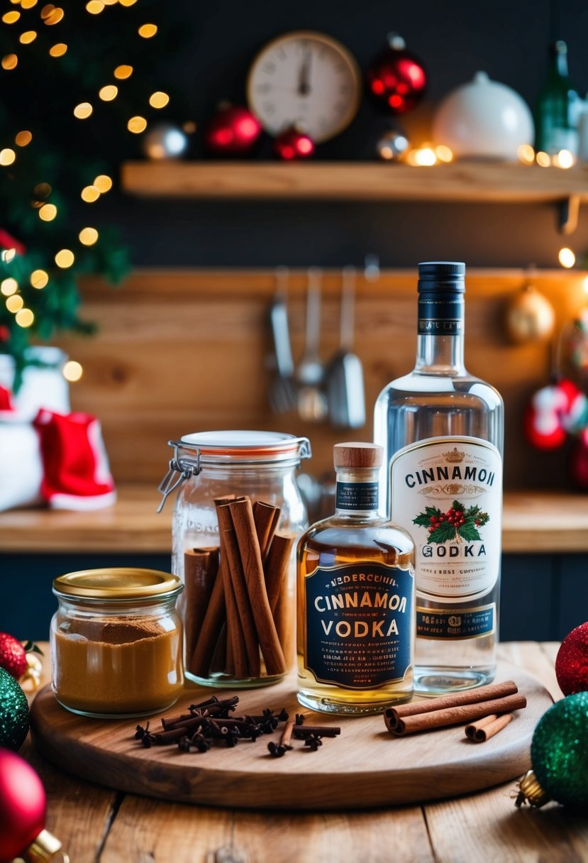 A cozy kitchen with jars of cinnamon, cloves, and vodka on a wooden table, surrounded by festive holiday decorations