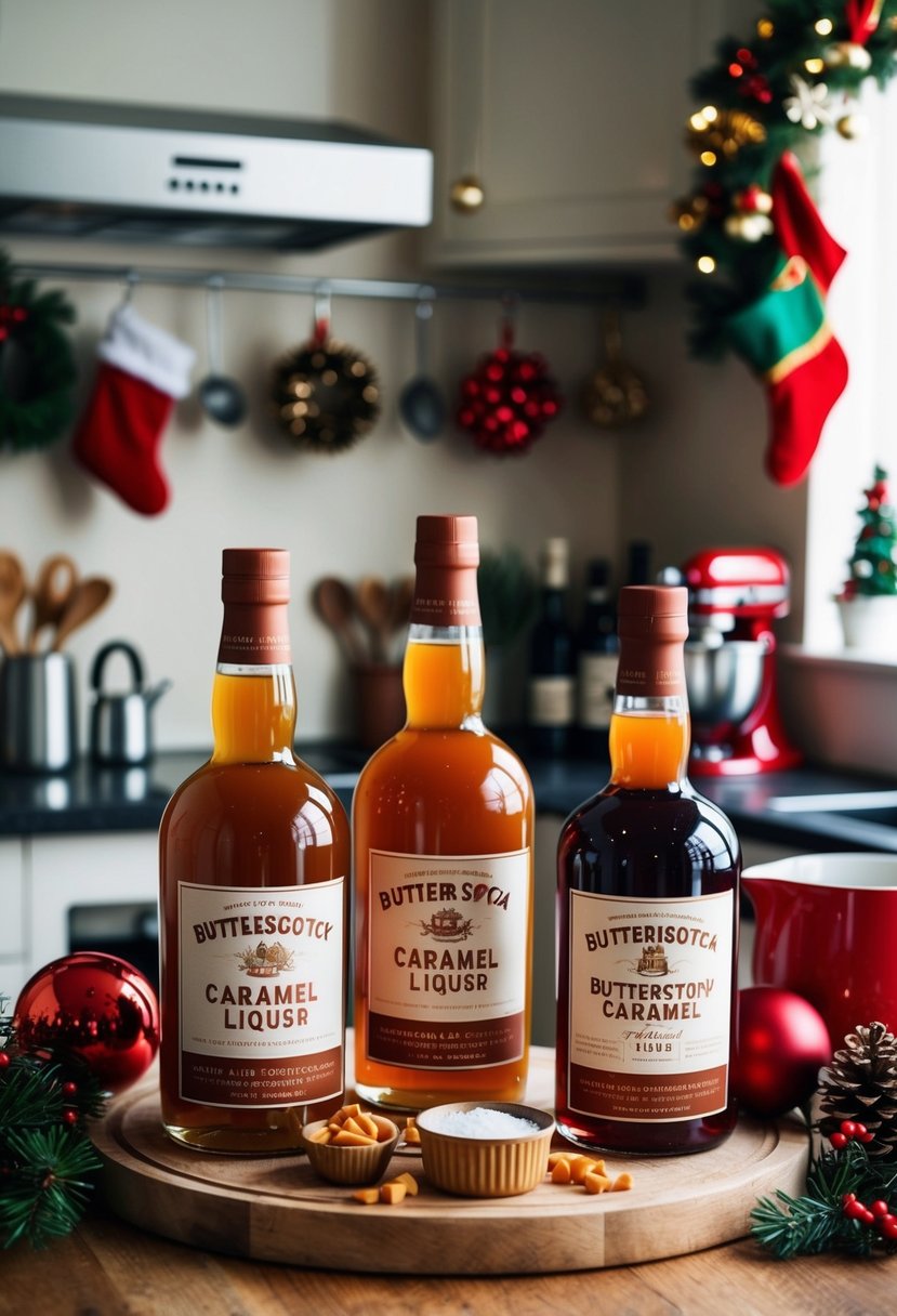 A cozy kitchen with bottles of butterscotch caramel liqueur, surrounded by festive Christmas decorations and ingredients for homemade liqueur recipes