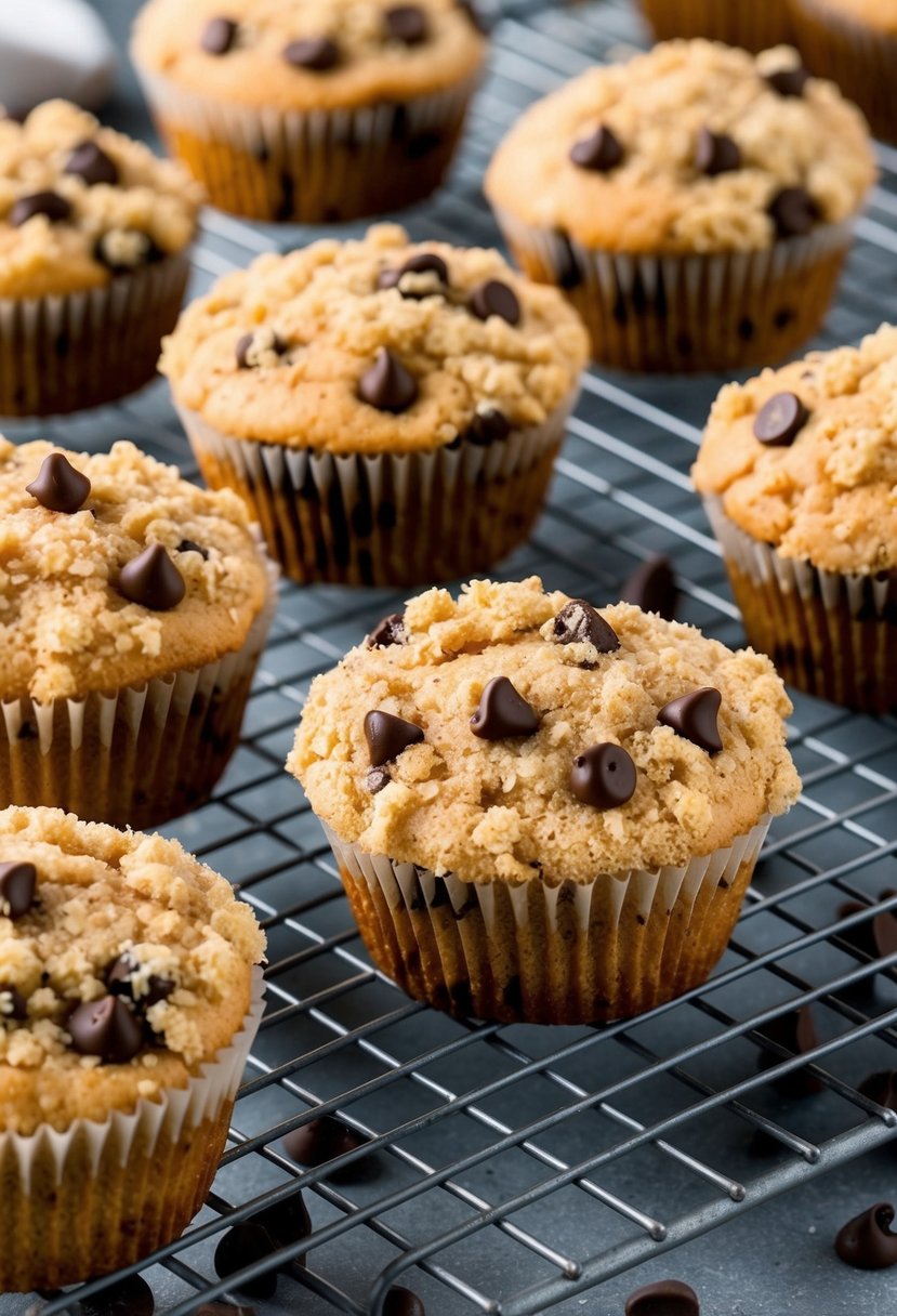 A batch of Chocolate Chip Streusel Muffins cooling on a wire rack, with a scattering of chocolate chips and a crumbly streusel topping