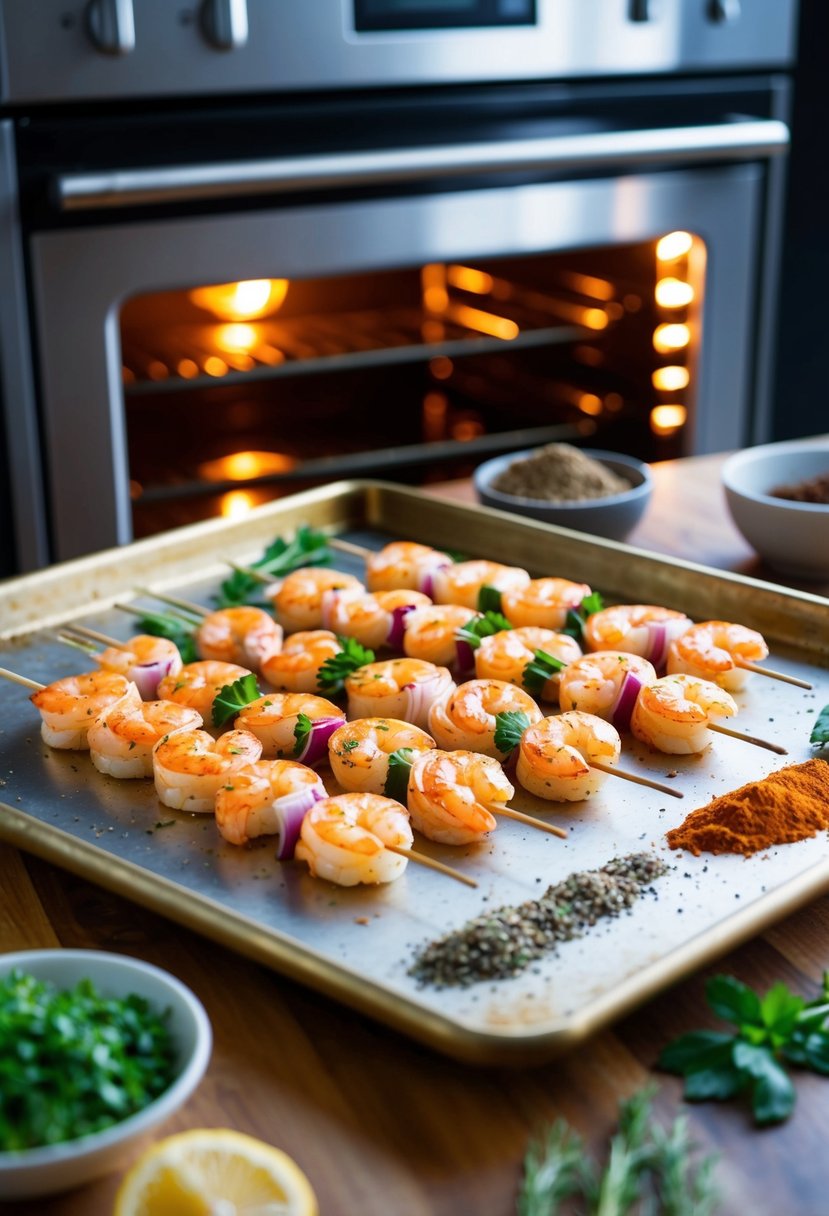 A baking sheet with shrimp skewers arranged on it, surrounded by various herbs and spices, with an open oven in the background