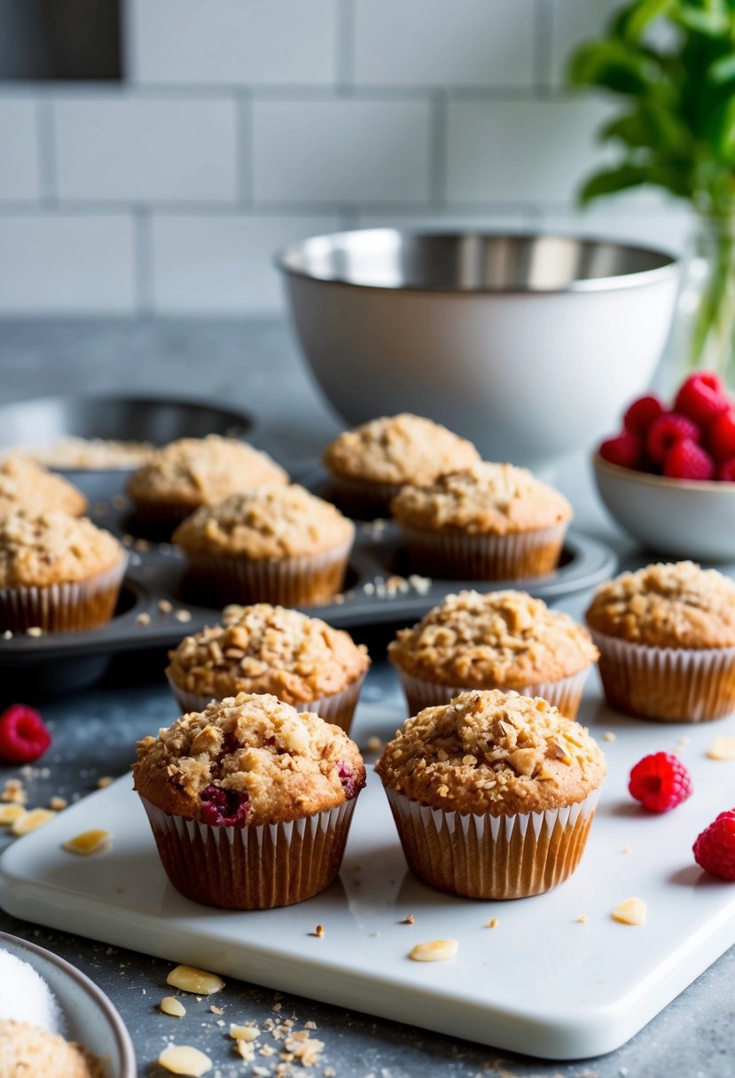 A kitchen counter with a tray of freshly baked Raspberry Almond Streusel Muffins surrounded by scattered ingredients and a mixing bowl