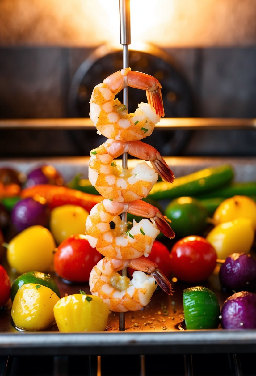 A sizzling shrimp skewer with garlic butter, surrounded by colorful vegetables, roasting in the oven