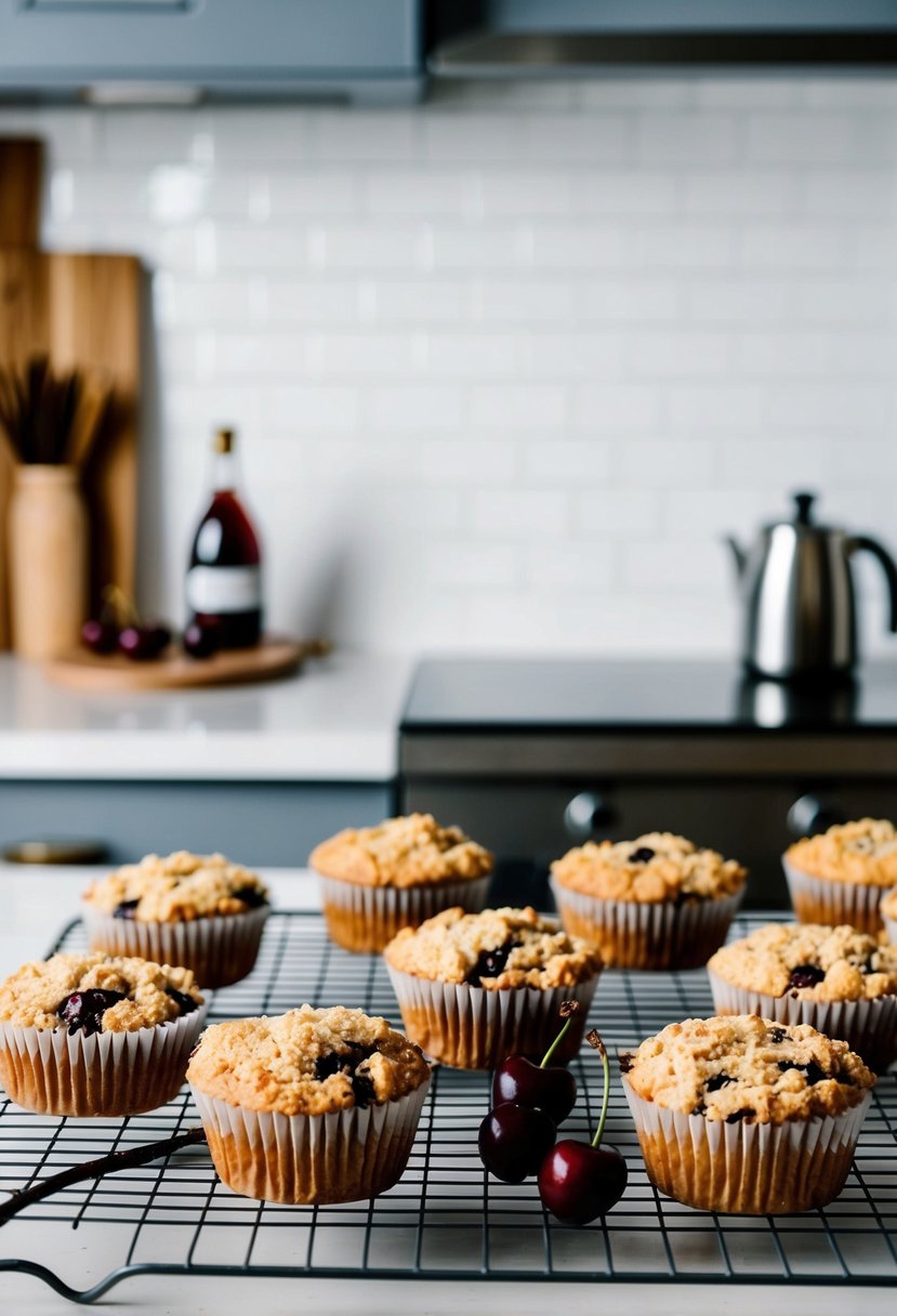 A kitchen counter with fresh cherries, vanilla beans, and streusel muffins cooling on a wire rack