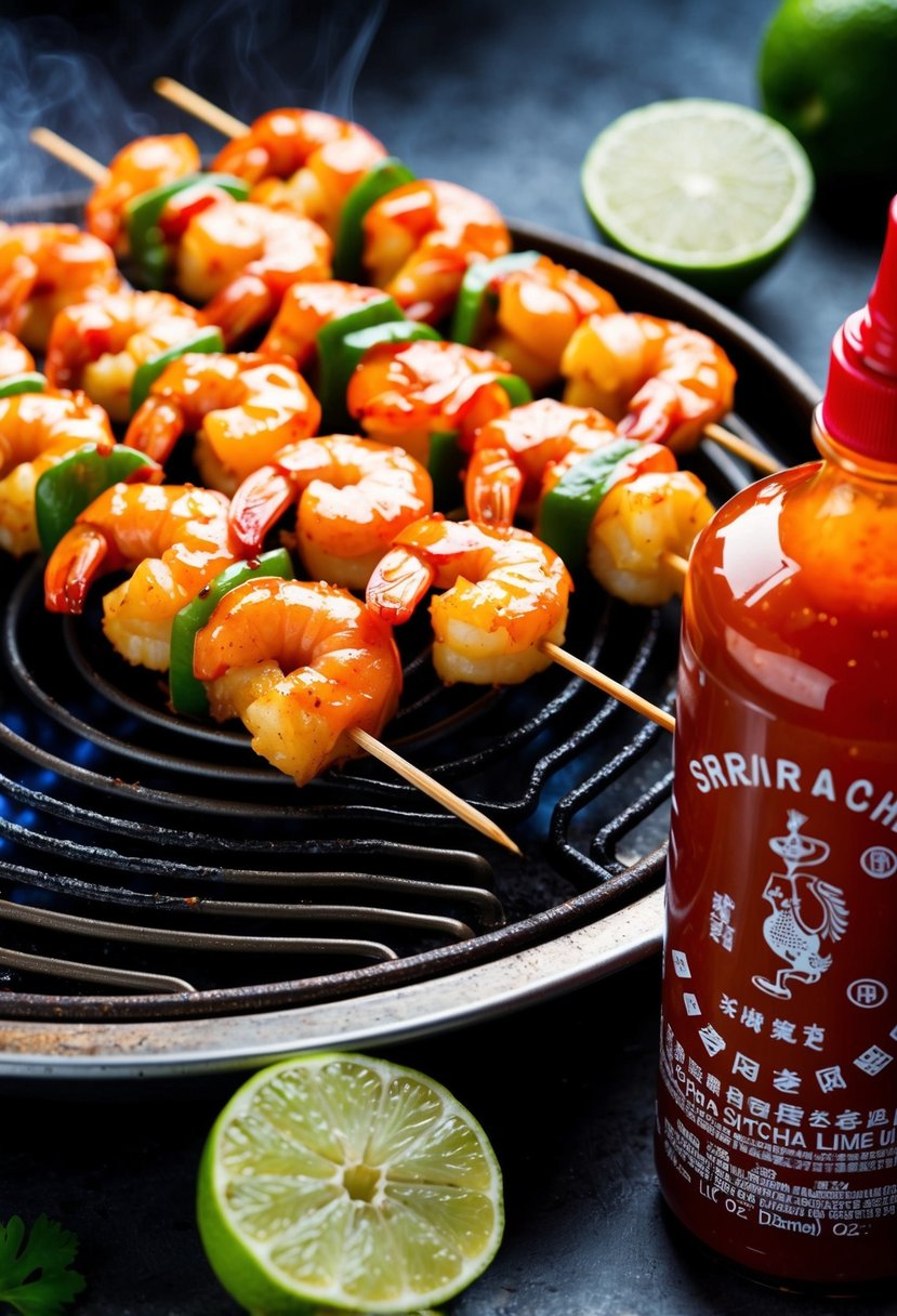 A sizzling oven with shrimp skewers coated in spicy Sriracha lime sauce. Slices of lime and a bottle of Sriracha sit nearby