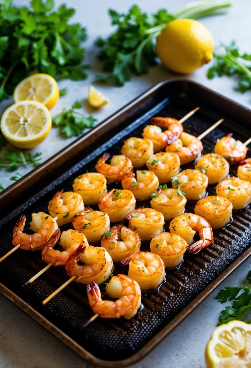 A sizzling oven tray holds golden-brown honey garlic shrimp skewers, surrounded by fresh herbs and lemon wedges