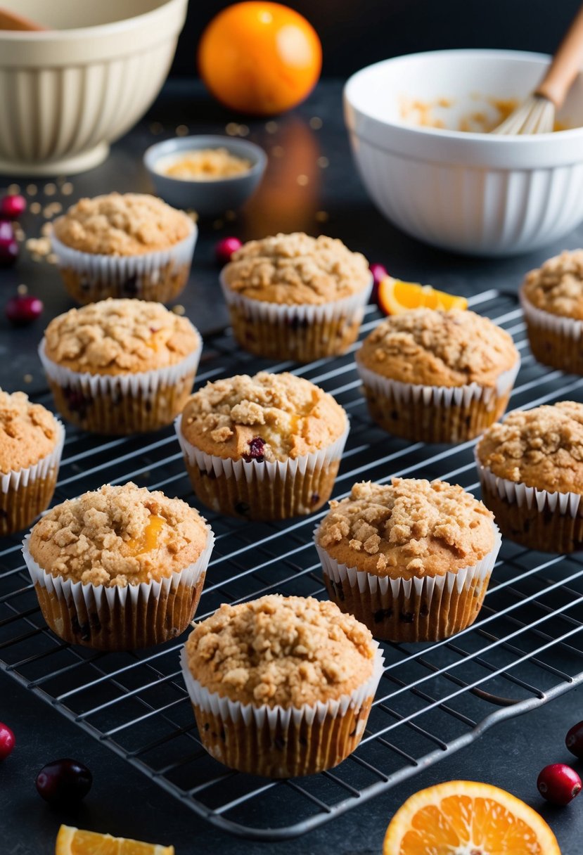 A kitchen counter with a batch of freshly baked Cranberry Orange Streusel Muffins cooling on a wire rack, surrounded by scattered ingredients and a mixing bowl