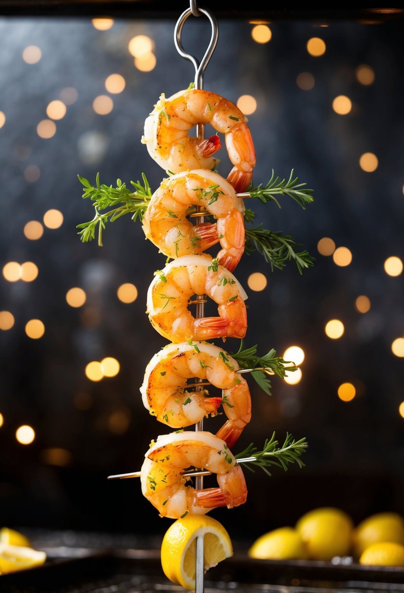 A sizzling shrimp skewer, coated in zesty lemon and fragrant herbs, roasting in a hot oven