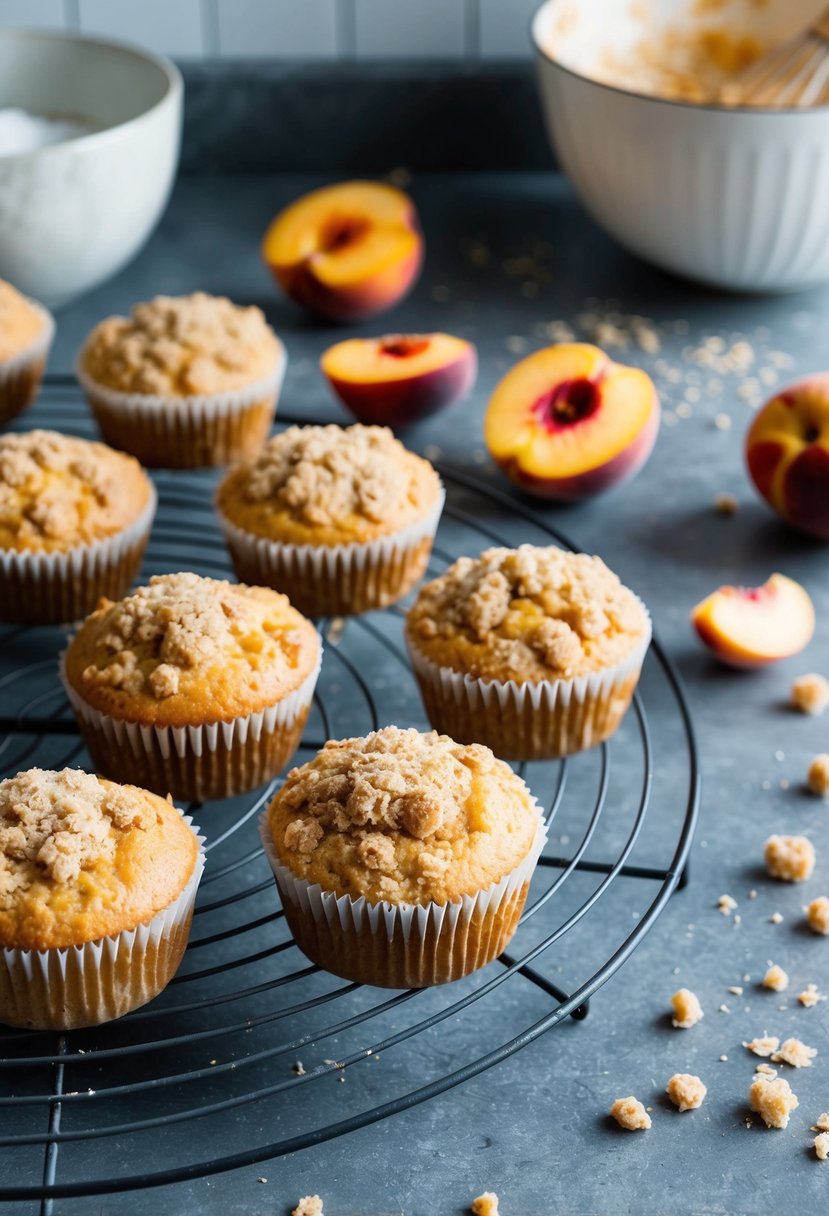 A kitchen counter with freshly baked peach streusel muffins cooling on a wire rack, surrounded by scattered ingredients and a mixing bowl