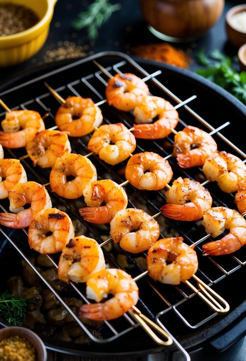 A sizzling oven grilling Cajun shrimp skewers on a wire rack, surrounded by aromatic spices and herbs