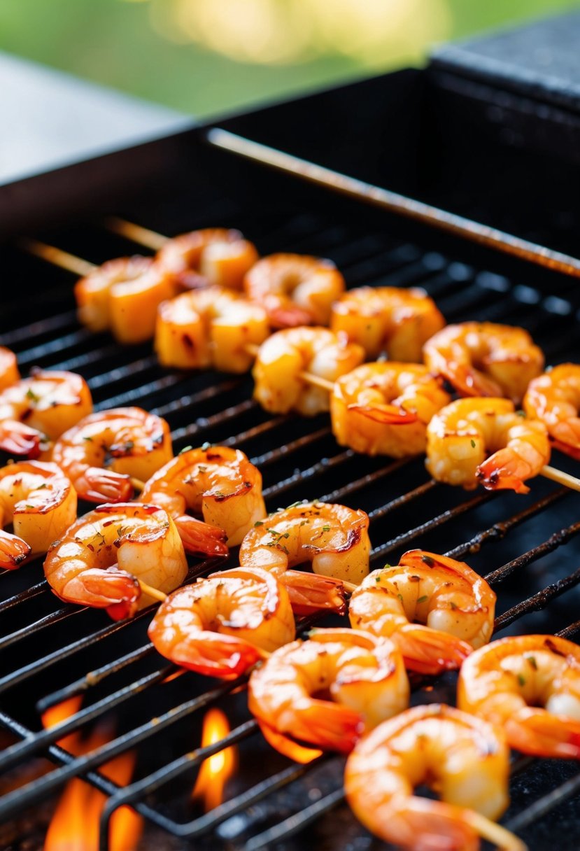 Skewers of marinated shrimp sizzling on a hot oven grill