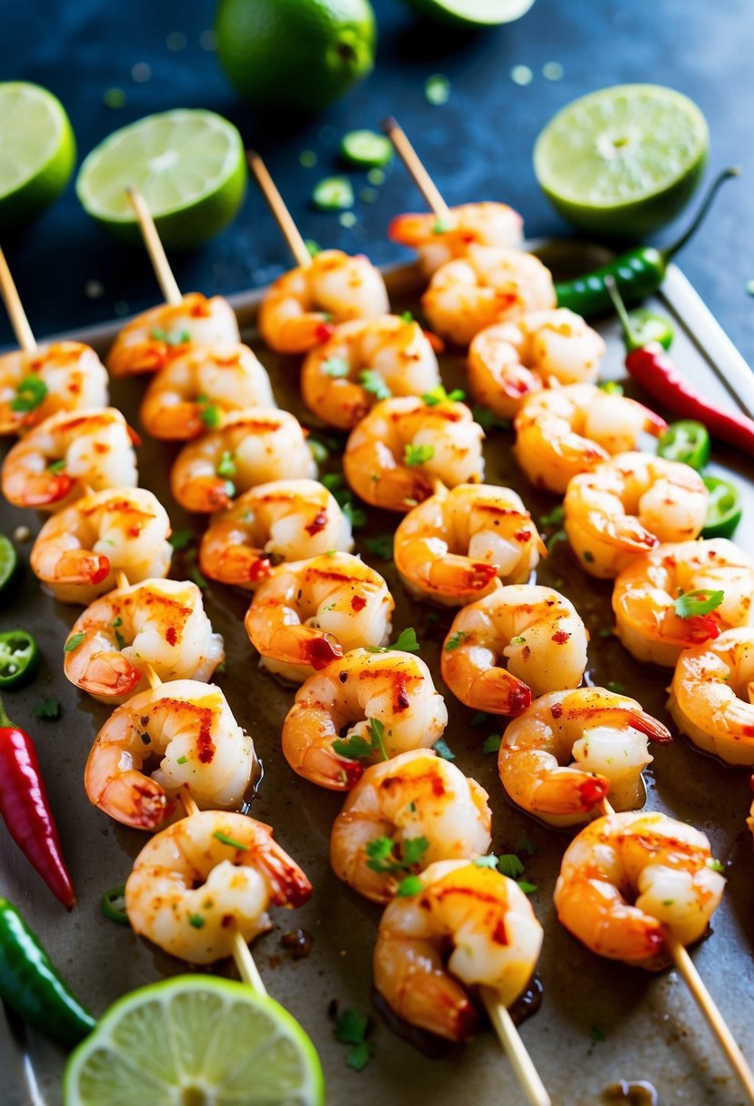 Skewers of chili lime shrimp arranged on a baking sheet, with sliced limes and chili peppers scattered around