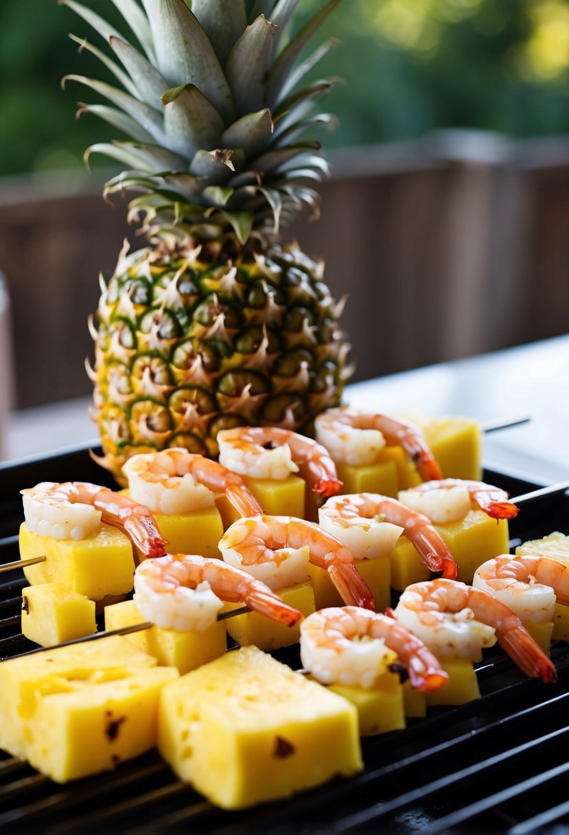 Fresh pineapple chunks and succulent shrimp threaded onto skewers, ready to be grilled in the oven