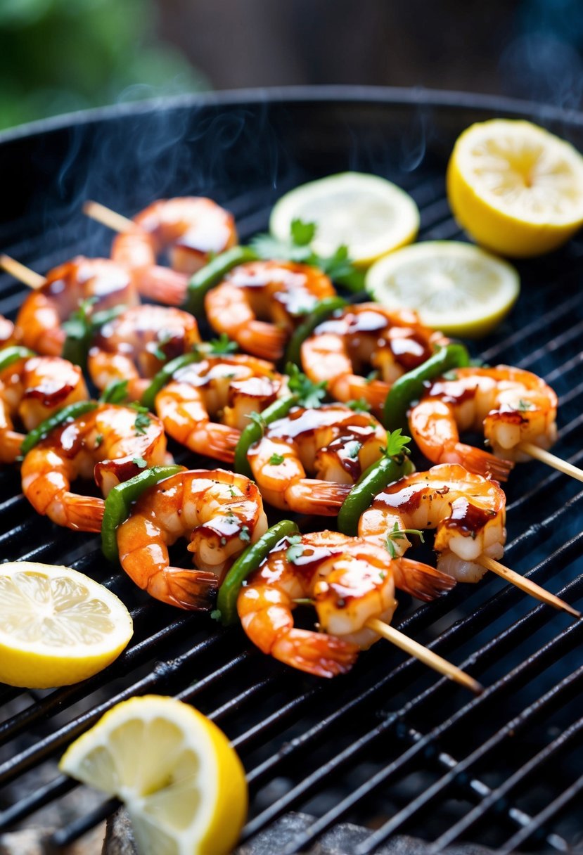 Plump shrimp skewers sizzling on a grill, glazed with rich balsamic sauce and garnished with fresh herbs and lemon slices