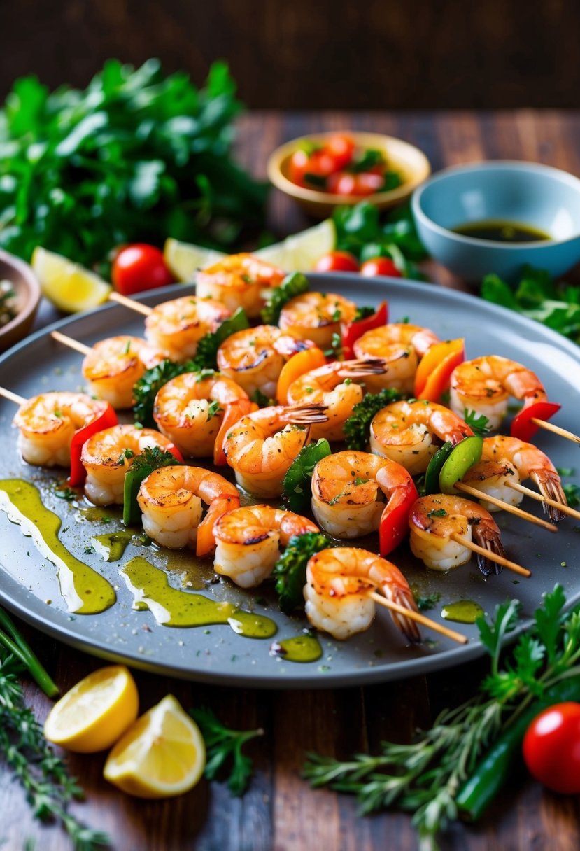 A platter of sizzling Mediterranean shrimp skewers fresh from the oven, surrounded by vibrant herbs, colorful vegetables, and a drizzle of olive oil