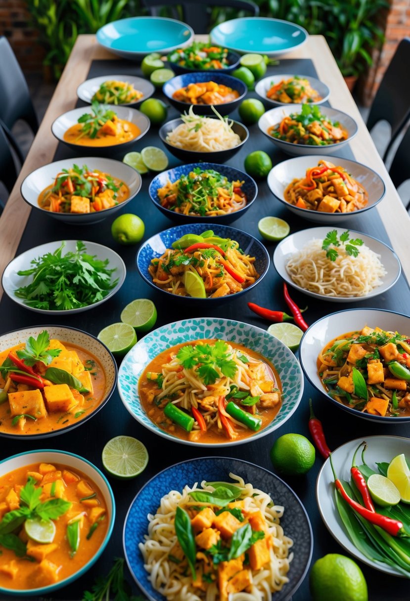 A table set with an array of colorful vegetarian Thai dishes, including curries, stir-fries, and noodle dishes, surrounded by vibrant ingredients like fresh herbs, chilies, and lime