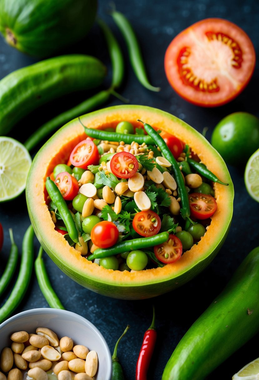 A vibrant green papaya salad surrounded by fresh ingredients like tomatoes, green beans, and peanuts, with a side of lime and chili