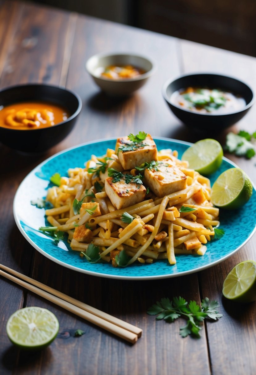 A colorful plate of Pad Thai with tofu, garnished with fresh herbs and lime, sits on a wooden table next to chopsticks and a bowl of spicy sauce