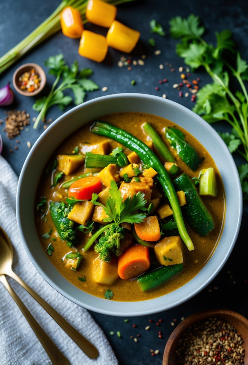 A steaming bowl of Massaman Curry with vibrant vegetables, surrounded by fragrant Thai spices and herbs