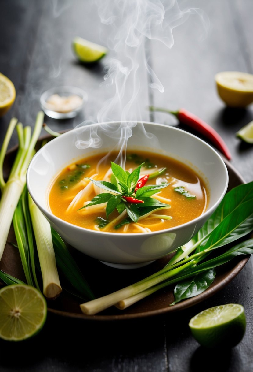 A steaming bowl of Tom Yum Soup surrounded by fresh lemongrass, lime leaves, and chili peppers