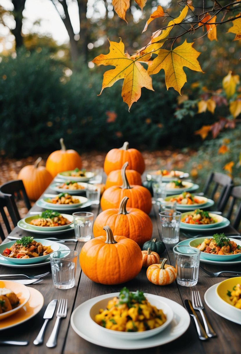 A table set with a variety of colorful, low-carb dishes surrounded by autumn leaves and pumpkins