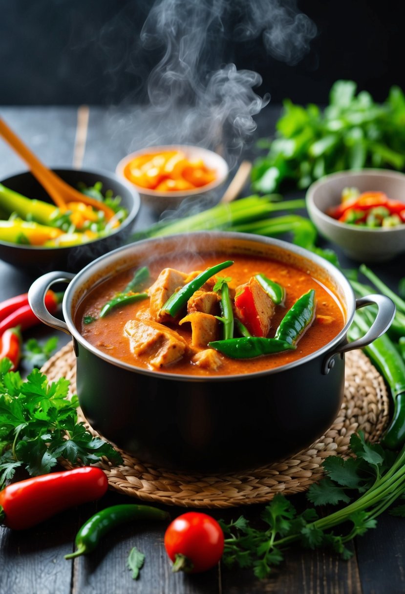 A steaming pot of Thai red curry surrounded by vibrant vegetables and aromatic herbs