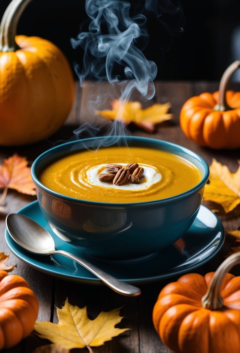 A steaming bowl of creamy pumpkin soup surrounded by autumn leaves and a warm, cozy atmosphere