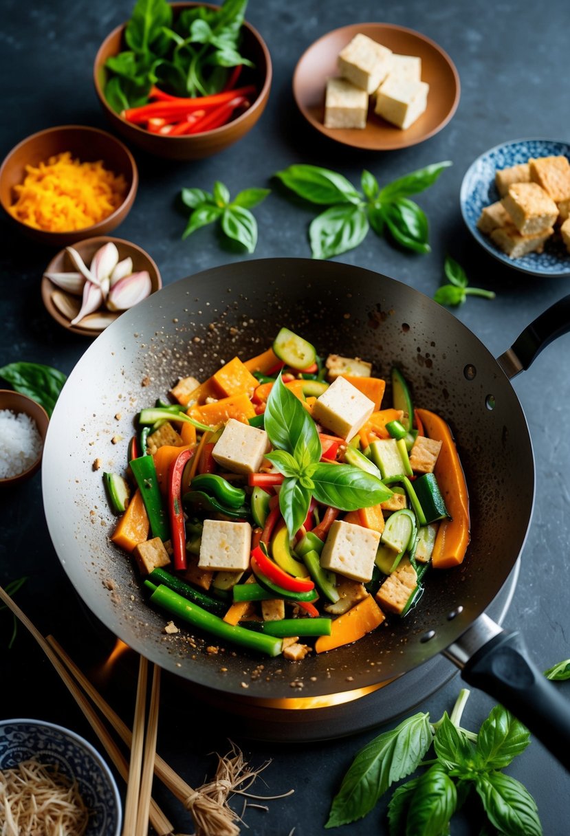 A sizzling wok filled with colorful vegetables, tofu, and fragrant Thai basil, surrounded by traditional Thai cooking ingredients