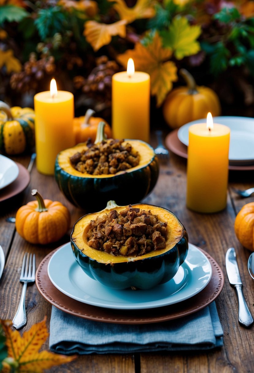 A rustic table set with roasted acorn squash, filled with a savory keto-friendly stuffing, surrounded by autumn foliage and candlelight