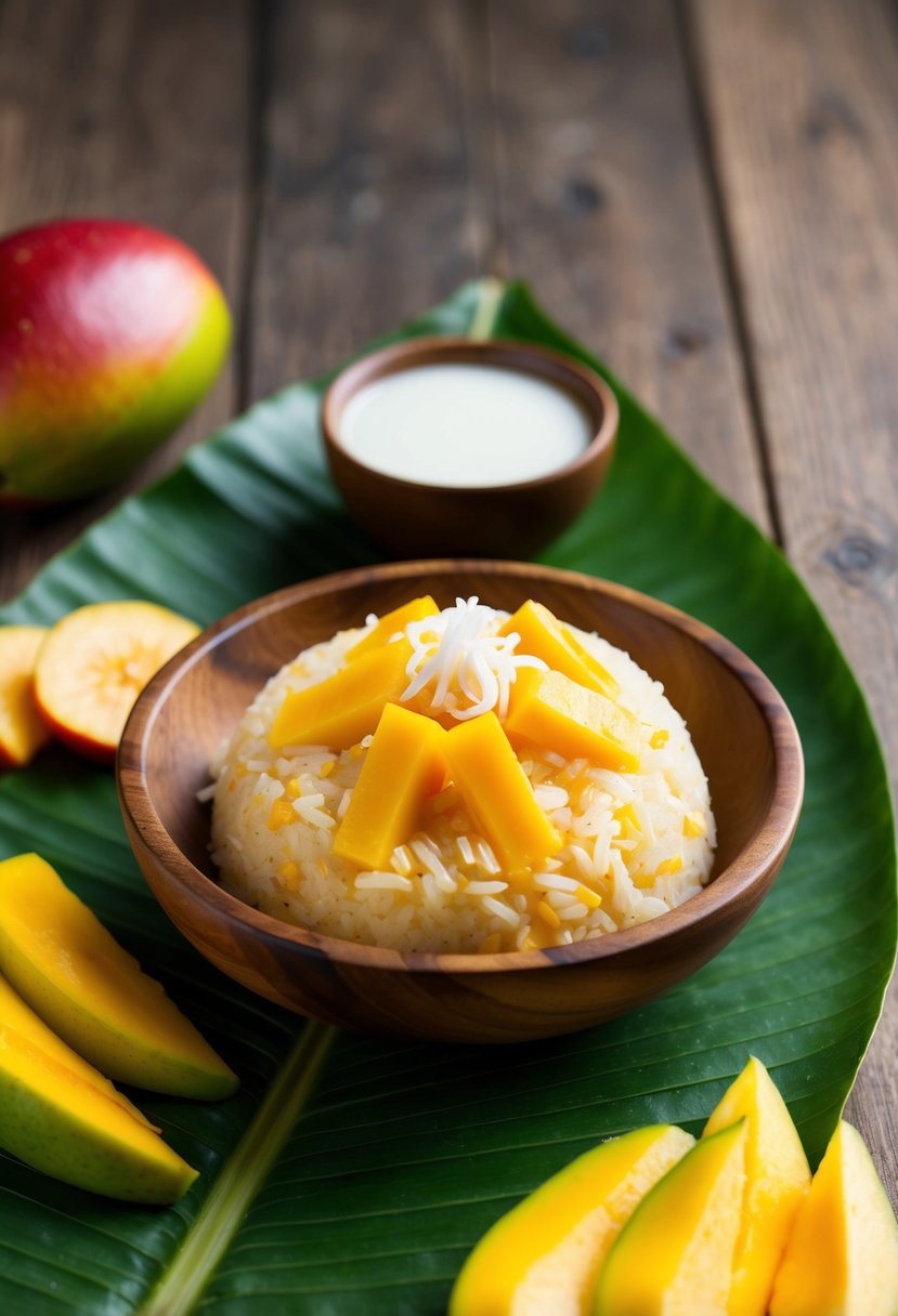 A wooden bowl filled with mango sticky rice sits on a banana leaf, surrounded by ripe mango slices and a small dish of coconut milk