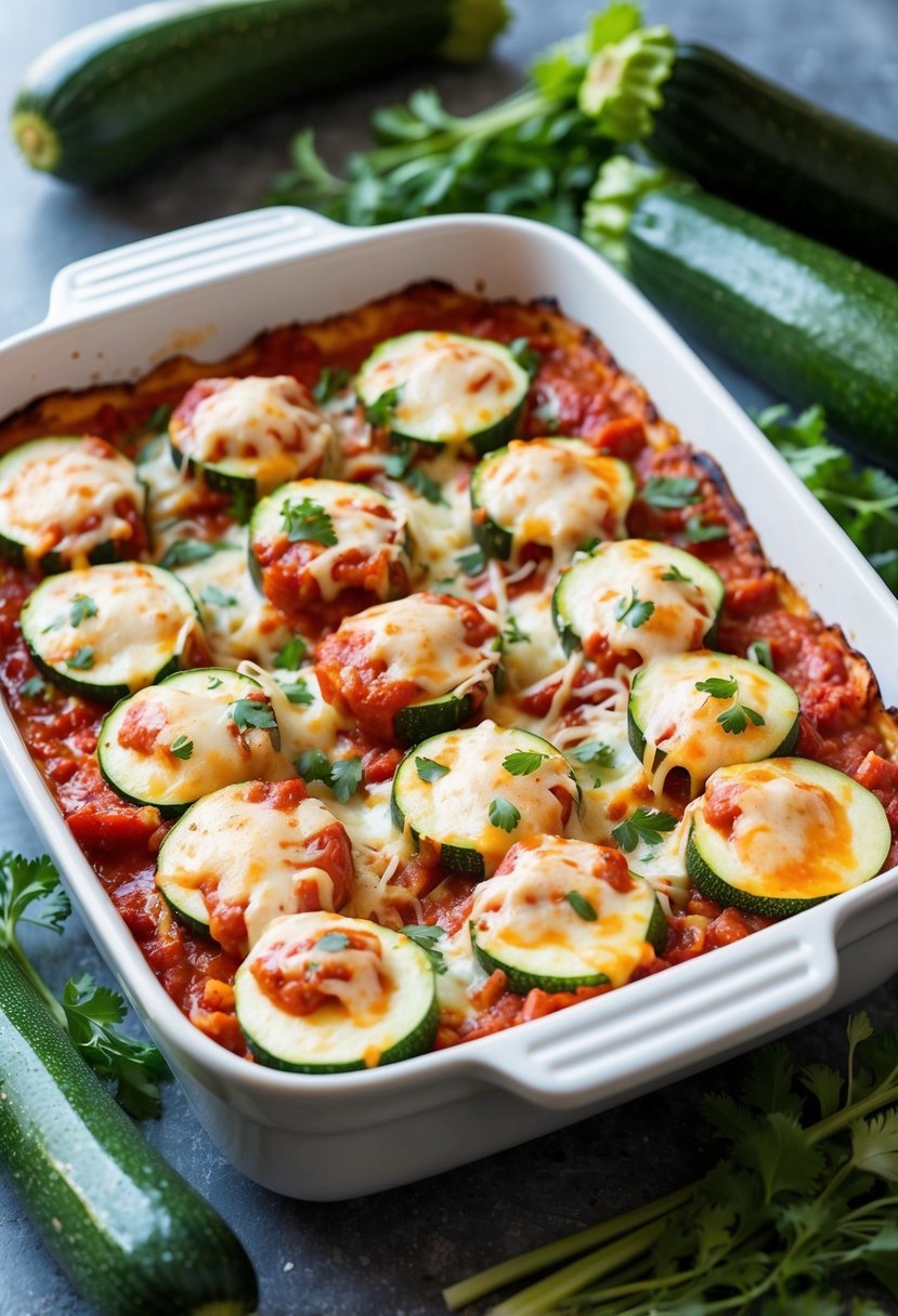 A baking dish filled with layers of zucchini, cheese, and marinara sauce, surrounded by fresh zucchinis and herbs