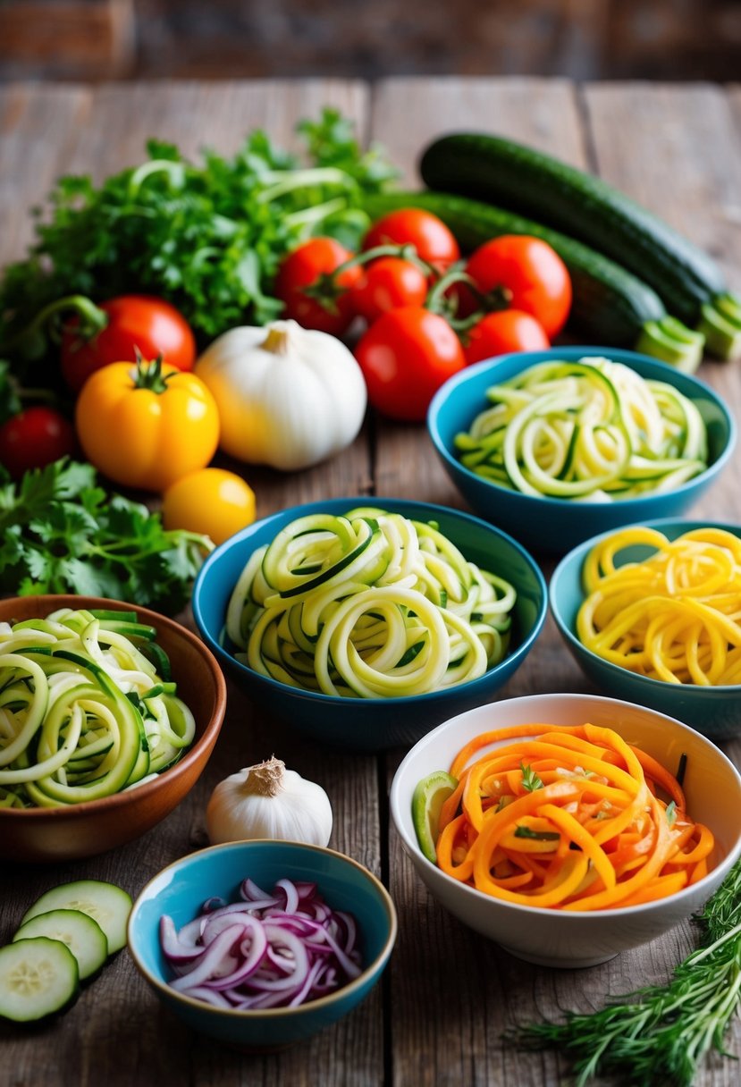 A colorful array of fresh Mediterranean vegetables and spiralized zucchini noodles arranged on a rustic wooden table