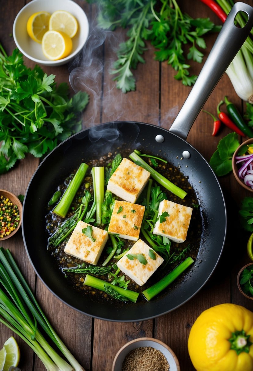 A sizzling pan of Lemongrass Tofu surrounded by fresh herbs and colorful vegetables, with steam rising and the aroma of Thai spices filling the air