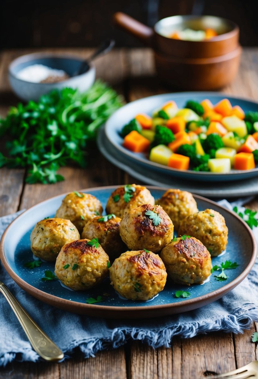 A platter of keto turkey meatballs with a side of steamed vegetables and a sprinkle of fresh herbs on a rustic wooden table