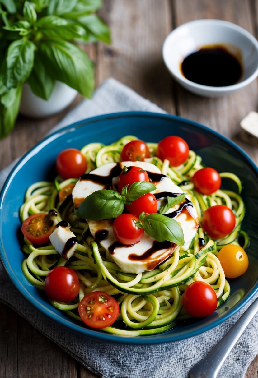 A colorful bowl of zucchini noodles topped with cherry tomatoes, fresh basil, mozzarella, and drizzled with balsamic glaze on a rustic wooden table