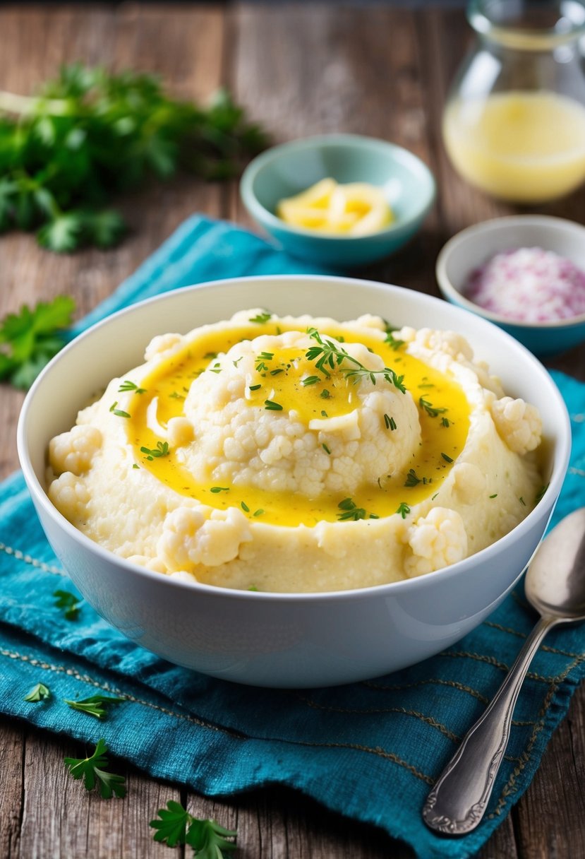 A steaming bowl of creamy cauliflower mash sits on a rustic wooden table, drizzled with fragrant garlic butter and sprinkled with fresh herbs