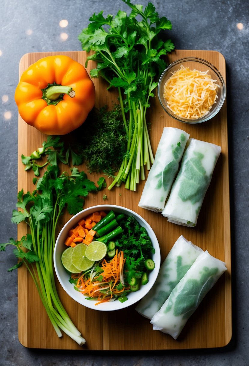 Fresh ingredients laid out for making vegetarian Thai spring rolls. Vibrant vegetables, fragrant herbs, and rice paper wrappers on a wooden cutting board