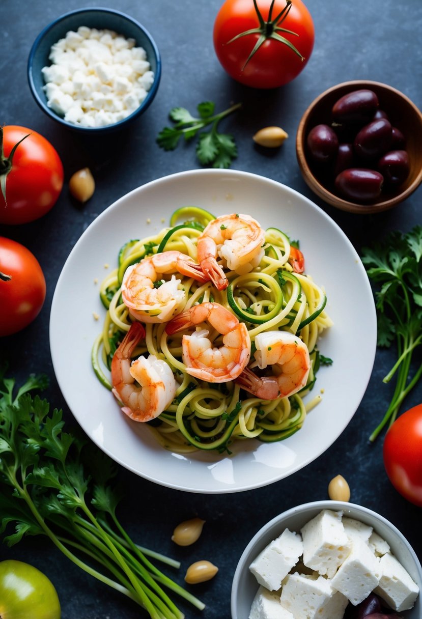 A plate of garlic shrimp zoodles surrounded by colorful Mediterranean ingredients like tomatoes, olives, and feta cheese