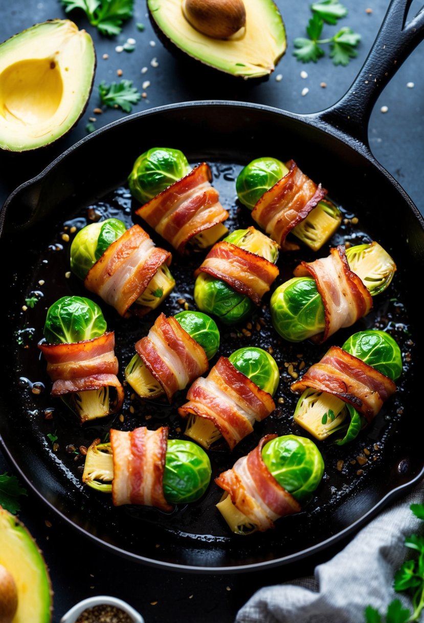 Brussels sprouts wrapped in bacon sizzling on a hot skillet, surrounded by various keto-friendly ingredients like avocado, cheese, and herbs