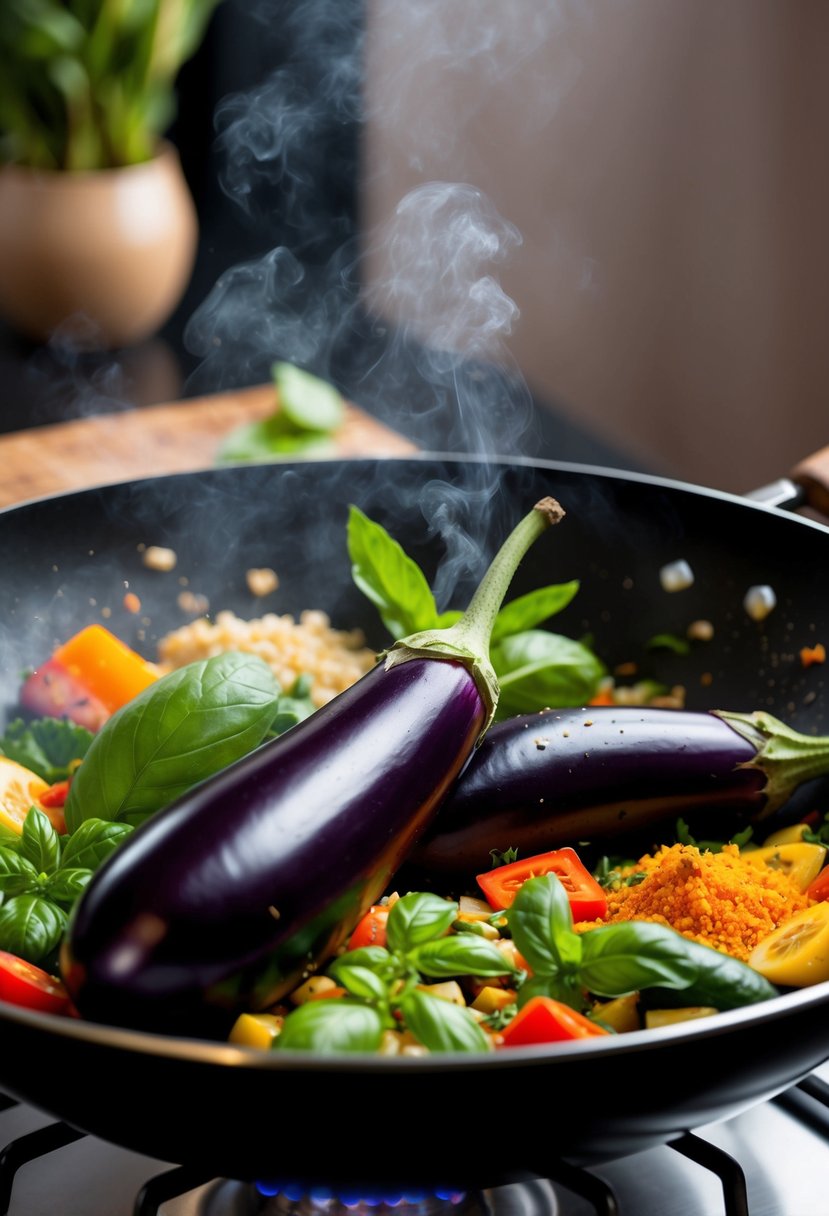 Fresh eggplants, basil, and other colorful vegetables sizzling in a wok, emitting aromatic Thai spices and herbs