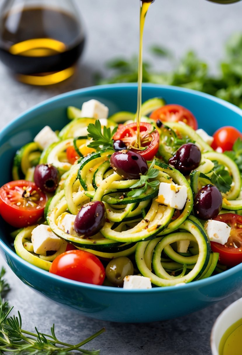 A vibrant bowl filled with spiralized zucchini, cherry tomatoes, olives, feta cheese, and fresh herbs, drizzled with olive oil and balsamic vinegar